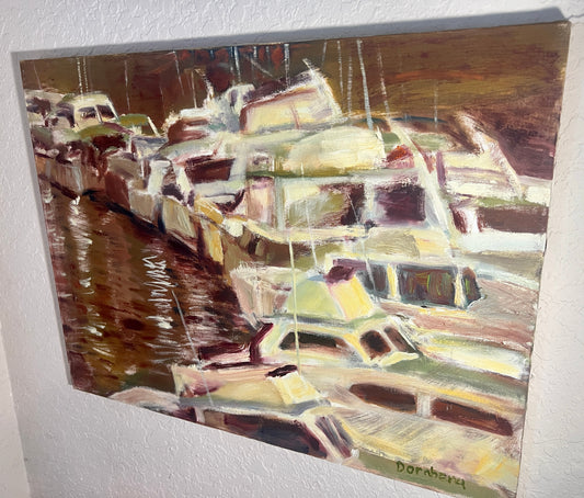 Bob Dornberg Original Oil Painting – “Quietly Moored” Framed 16 x 20 – Abstract – Catalog QG7