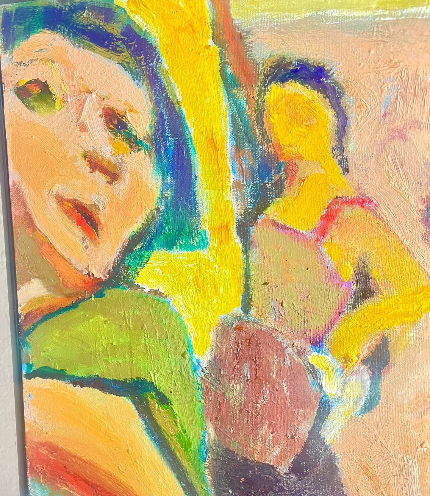 Bob Dornberg Original Oil Painting – “Between Glances” Framed 16 x 20 – Abstract Figurative – Expressive Figures – Catalog PZ6