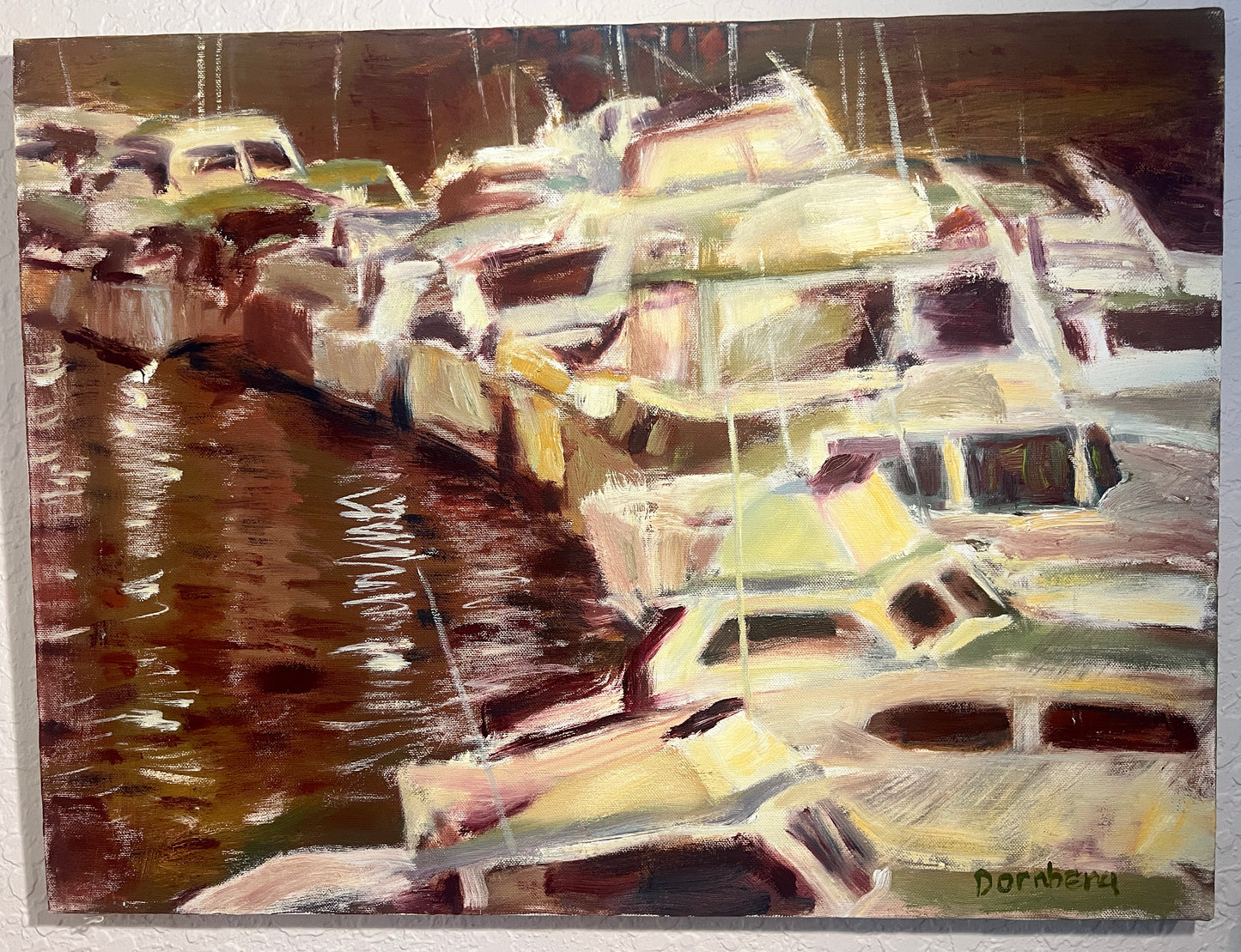 Bob Dornberg Original Oil Painting – “Quietly Moored” Framed 16 x 20 – Abstract – Catalog QG7